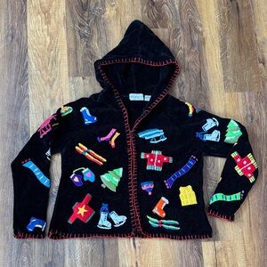 1990s Belle Pointe Playful Black Hooded Zip Up Cardigan with Colorful Patterns